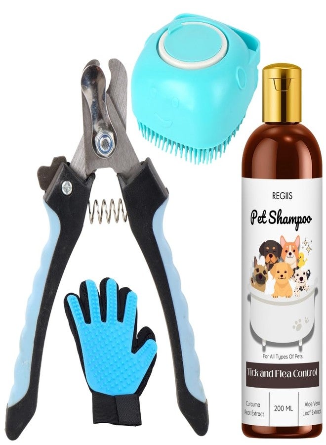 مجموعة ريجيس للعناية بالحيوانات الأليفة مع شامبو للتحكم في القراد والبراغيث، وفرشاة لإزالة الشعر الزائد، وقفاز لإزالة شعر الحيوانات الأليفة، وأداة تدليك من السيليكون الأزرق، 200 مل (عبوة من 4 قطع) - Image 1